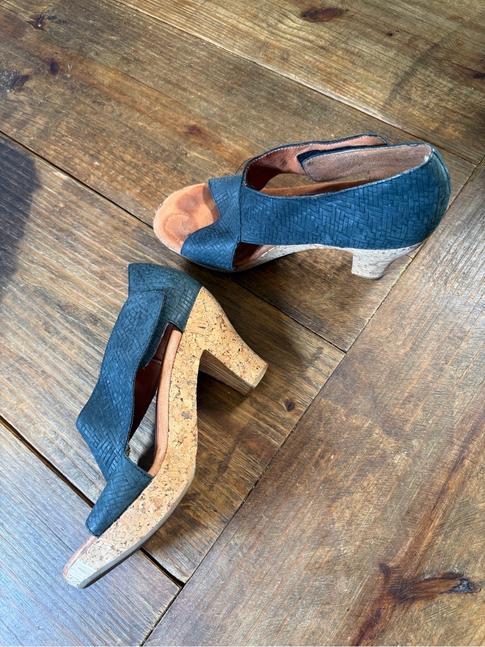 gentle souls Navy Woven Cork Block Heel Wedges